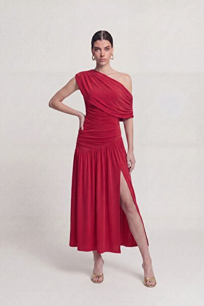 HOLLY LOLLY One-Shoulder Draped Slit Long Emily Dress Red