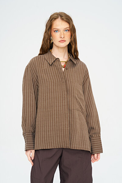 Orfeo Negro Women's Asymmetrical Cut Single Pocket Striped Shirt