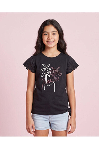 REDTAG Senior Girl Black Palm Graphic T Shirt