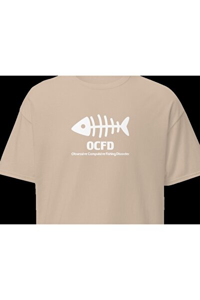 OCFD Fishing Disorder Balıkçılık Esprili Kılçık Baskılı Unisex Bisiklet Yaka Pamuklu Tişört