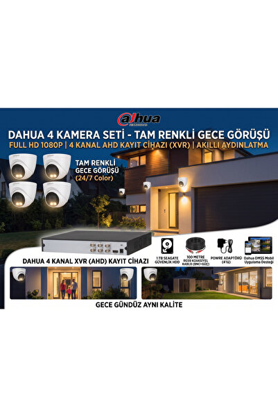 DAHUA 4 Kameralı 2MP IR HDCVI Sabit Odaklı Gece Görüşlü, Dış Mekan Mekan Kame...