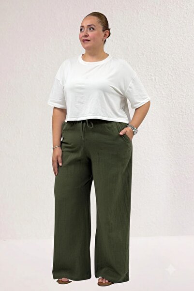 Eslina 59021 Plus Size Elastic Waist Muslim Wide Leg Pants - Khaki