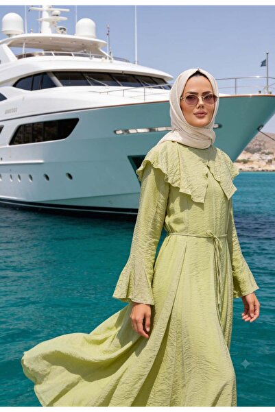 Aselim Hijap Moda Romantik Pamuk Vual Astarlı Elbise –Yeşil