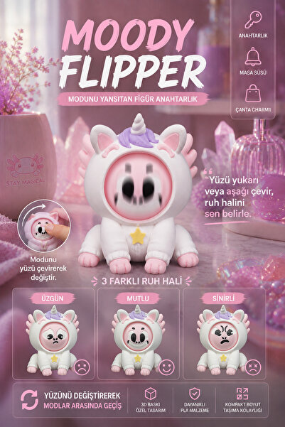 Moody Flipper Nibbs (Tekboynuzlu Aksolotl) – Döndürülebilir Yüzlü Figür Anahtarlık, Çanta Charmı ve Masa Süsü | 3D Baskı Koleksiyon