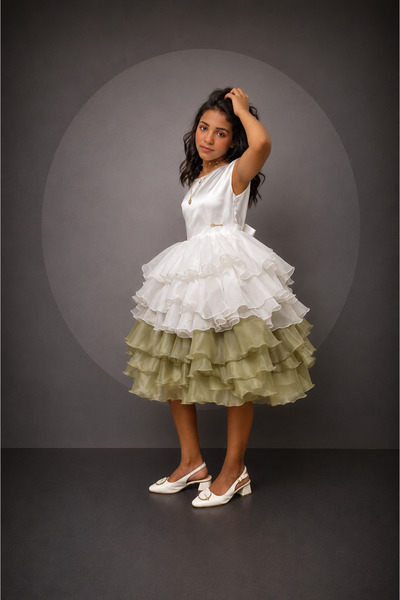 JO FASHION Girls' Dress White and Olive Green Luxurious Ruffle Layers