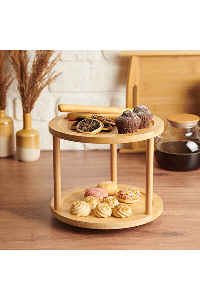 MİEN Bamboo 2-Tier Rotating Spice Stand - White / Bamboo - 34.5x20.5 cm