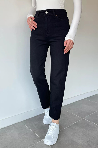 Aryena Black Women's High Waist Raw Hem Jean Denim Pants