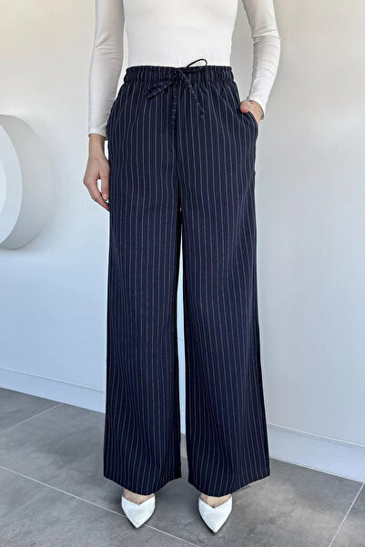Aryena Navy Blue Women's Elastic Waist Lace-Up Wide Leg Pants