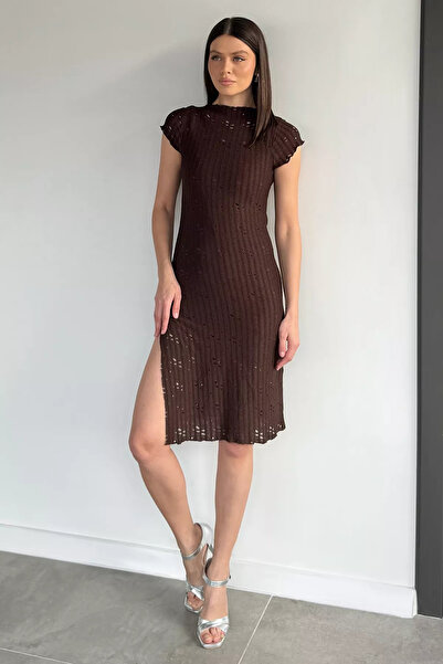 Aryena Brown Women's Unlined Openwork Slit Detailed Lycra Dress