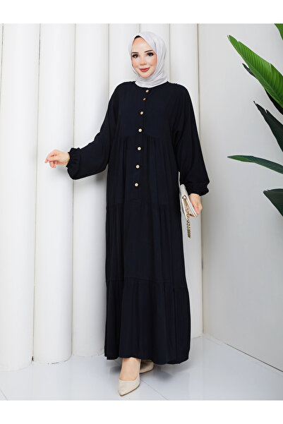 Nevayla Moda Half Button Viscose Layered Casual Dress - Black / E0134