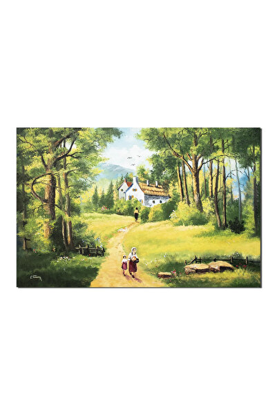 artnova Tablou peisaj de la munte cu tarancute si casa pictat manual, Pe-un p...