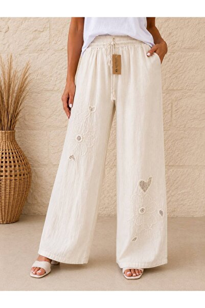 AGORATEKSTİL Women's Elastic Waist Cotton Linen Fabric Embossed Mesh Detailed...