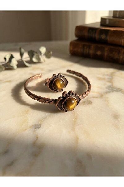 Meneva Aksesuar Copper Bracelet and Ring Set with Tiger's Eye Natural Stone a...