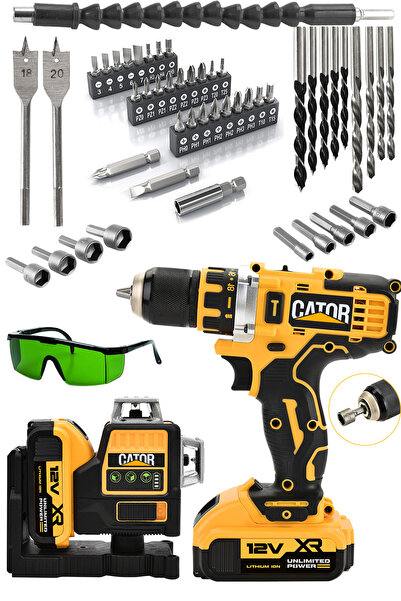 CATOR 12v Çift Akülü 12 Köşe 360° Lazer Hizalama ve Akülü Vidalama Set