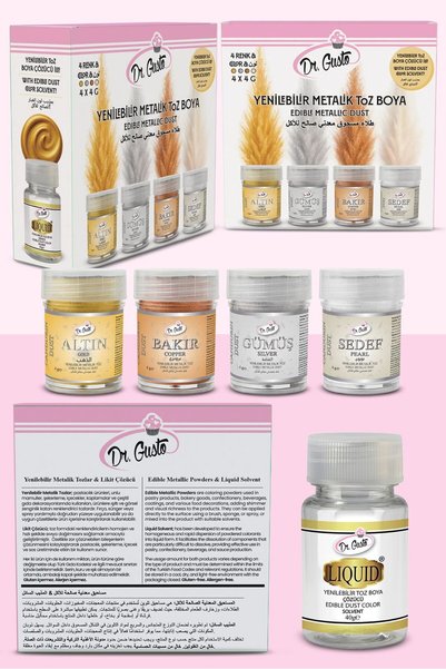 DRGUSTO 4’lü Metalik Toz Gıda Boyası 4 Gr + Boya Çözücü 40 Gr Set