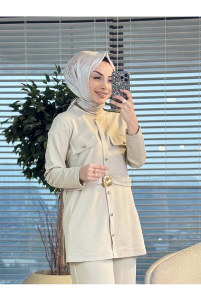 Prime mode 9830 بدلة بجيبين أماميين وحزام خصر باللون البيج