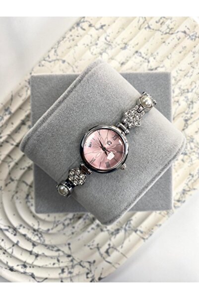 Mazzy Lotus Stone Cord Silver Pink Dial Women's Wristwatch