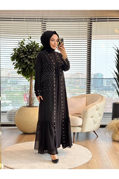 Taşpınar 26666 Elbise Üstü Abaya İnci İşli 2li Takım Siyah