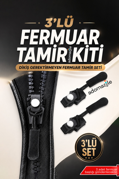 adornazzle 3’lü Fermuar Tamir Kiti, Dikişsiz Fermuar Başlığı, Dikiş Gerektirm...