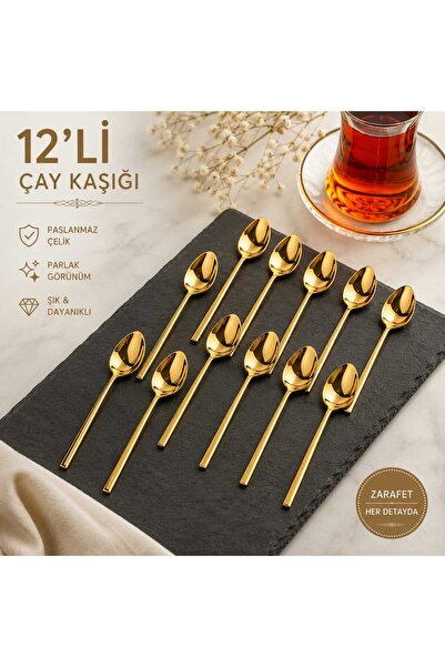 AYBABA STORE 12'li Altın Renk Gold Çay Kaşığı Paslanmaz Çelik Lüks Tasarım