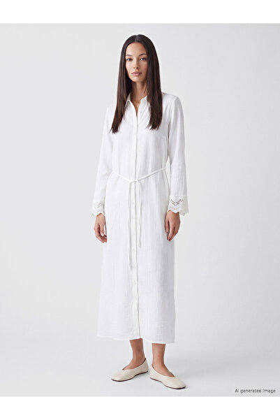 LC Waikiki Beige Belted Muslin Shirt Dress