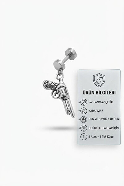 Blisse Piercing Unisex Silver Color Steel Screw Earrings with Gun Figure and ...
