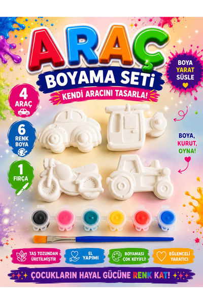 elvanhobi Çocuklar İçin Araç Boyama Seti 6 Boya 1 Fırça Dekoratif Obje