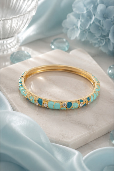 Sylvera Shop Leaf Wrapped Stone Blue Enamel Thin Bracelet (Gold Color)