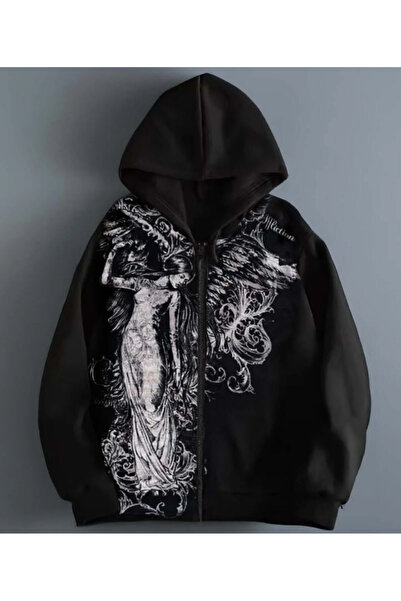 ZEMLİYA Siyah Vintage Angel Affliction Cyber Grunge Y2K Kapüşonlu Unisex Hırk...