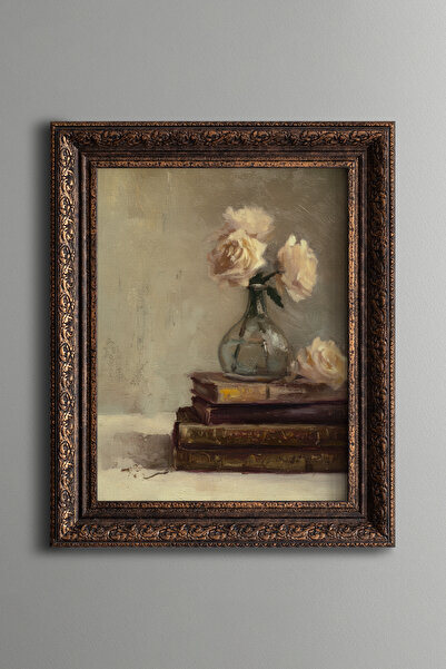 epiqart Roses in a Vase on Books – Vintage Patterned Painting – Thick Model