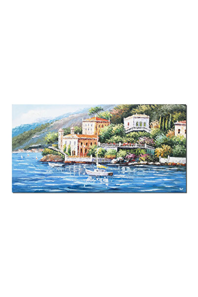 artnova Tablou pictat manual living, dormitor, Peisaj lacul Como, 120x60cm ul...