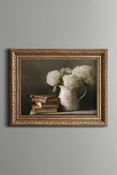 epiqart White Hydrangeas and Books Still Life - Vintage Patterned Painting - ...
