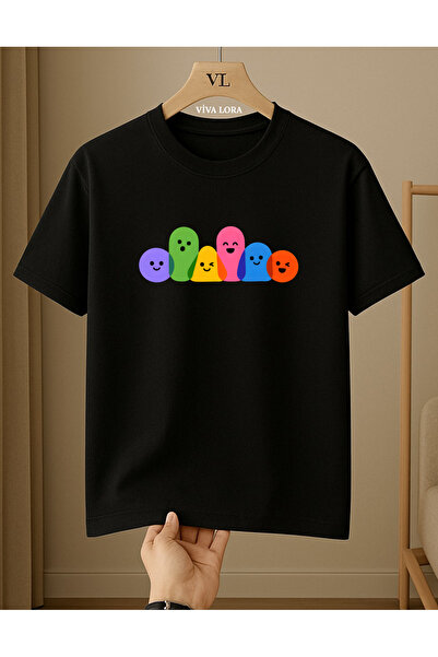 VİVA LORA Colorful Smiling Faces Printed 100% Cotton Crewneck Regular Women's...