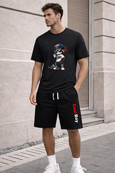 x-compass life Unisex Oversize T-Shirt Shorts Set Black Summer Comfortable Fi...
