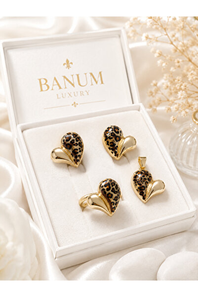 Banum Luxury Leopard Zarafeti Modern Kalp Şeklınde Altın Tonlu 3Lü Set