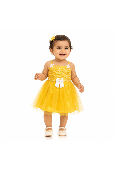 MADE Girls' Tulle Dress with Pearls and Bow Embellishments