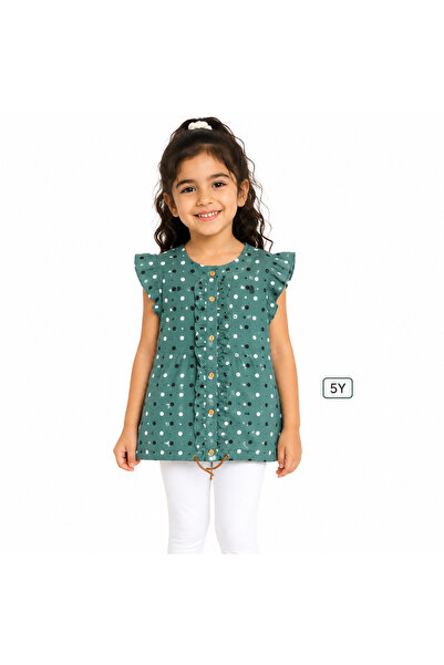 Generic Girls Teal Polka Dot Ruffle Button Tunic Top Ages 1-5 Years-Petrol Gr...