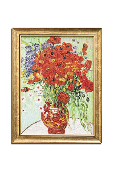 artnova Известна рамкирана ръчно рисувана картина, Ваза с маргаритки и макове...