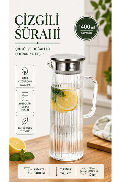 Rotanev Modern Çizgili Cam Sürahi Paslanmaz Çelik Kapaklı Filtreli Sürahi Su,...