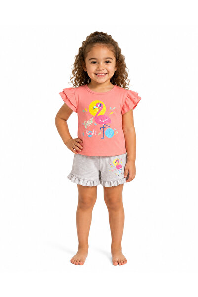 Generic Girls’ Summer Two-Piece T-Shirt and Shorts Set with Flamingo Print