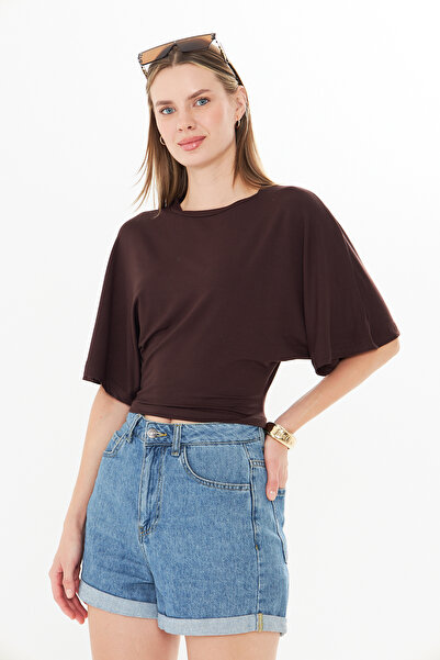 Tight Lady Fitted Waist Wide Sleeve Natural Viscose Brown Blouse