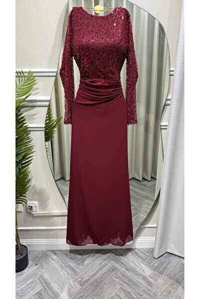 Kurtah Luxury Glitter Sequin Long Sleeve Burgundy Evening Dress