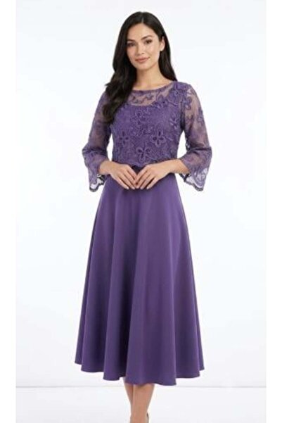 unbranded Women's Purple Floral Lace Midi Evening Dress with Bell Sleeves – E...