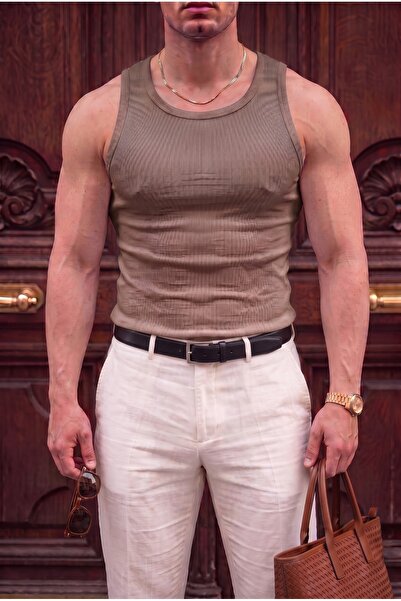 Teenage Millionaire Men's Mink Colored Halter Collar Ribbed Lycra Undershirt