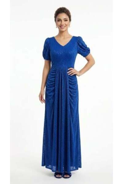 unbranded Women's Royal Blue Textured Maxi Evening Dress with Puff Sleeves, V...