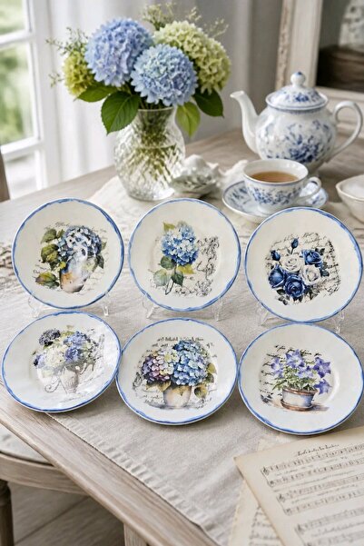 el.ay.arts Blue Hydrangea Floral 6-Piece Tea Plate Porcelain 10.5 cm Diameter