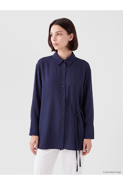 LC Waikiki Lcw Modest Navy Blue Women's Shirt Tunic with Tie Detail in Modal ...