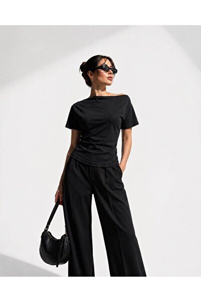 Hira Clothing Boat Neck Off-Shoulder Draped Bat Sleeve T-Shirt\Blouse\Top