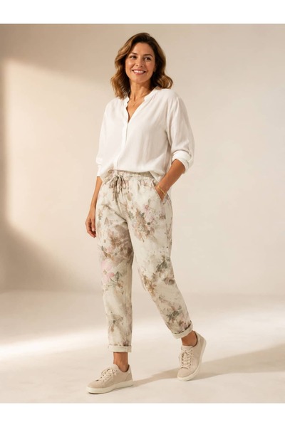 Punta Otantik Msr5437 Italian Floral Patterned Cotton Trousers Cream