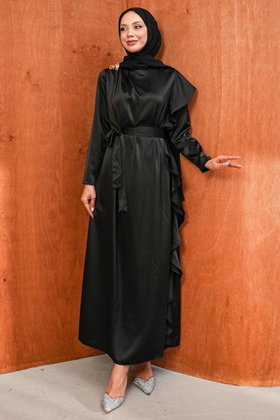 İmajButik Siyah Omuz Bronşlu Saten Abiye